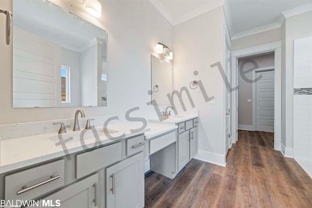 bathroom with ornamental molding, hardwood / wood-style flooring, and dual bowl vanity