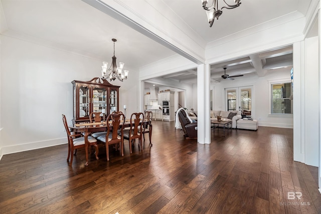 dining space with dark hardwood / wood-style flooring, ceiling fan with notable chandelier, ornamental molding, coffered ceiling, and beamed ceiling