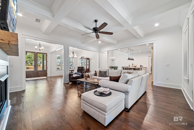 living room with coffered ceiling, beam ceiling, and dark wood-type flooring