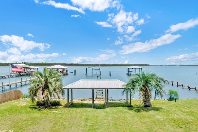 dock area featuring a water view and a lawn