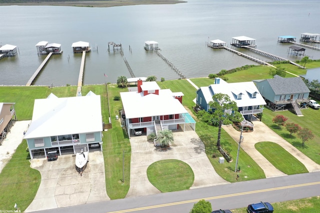 bird's eye view with a water view