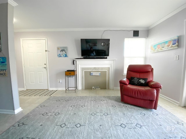 living area with crown molding