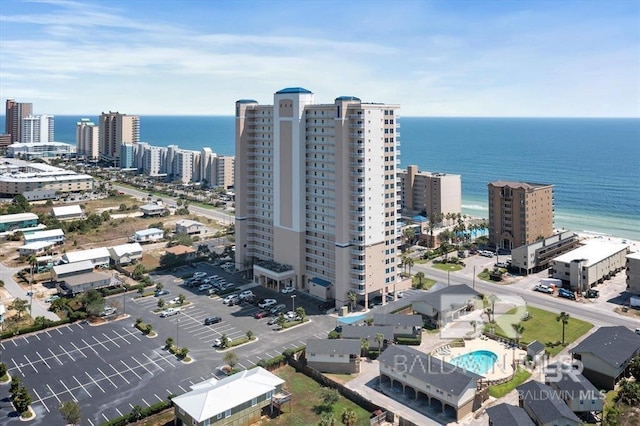 drone / aerial view featuring a water view