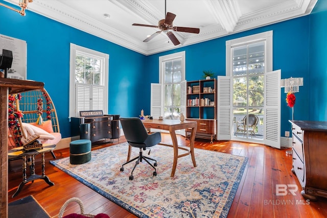 office area with beam ceiling, hardwood / wood-style floors, ceiling fan, and crown molding