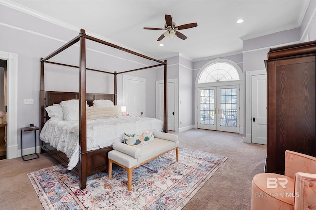 bedroom featuring ornamental molding, french doors, light carpet, and ceiling fan