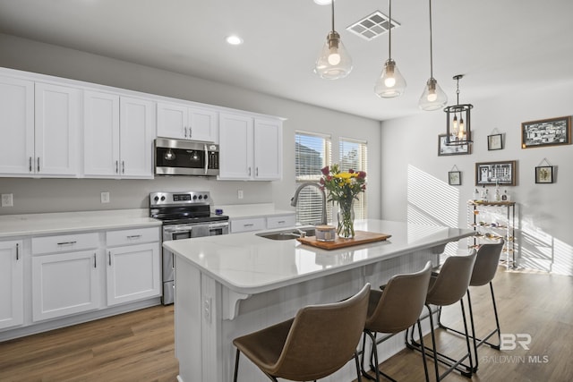 kitchen featuring pendant lighting, appliances with stainless steel finishes, sink, and an island with sink