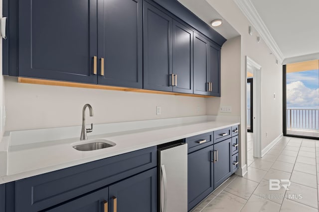 533 E Beach Blvd Unit 2403, Gulf Shores, AL 36542 - kitchen featuring refrigerator, crown molding, light countertops, blue cabinetry, and light marble finish floors