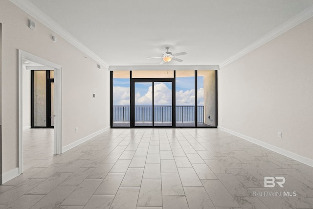 533 E Beach Blvd Unit 2403, Gulf Shores, AL 36542 - spare room with a wall of windows, ceiling fan, ornamental molding, and light marble finish floors