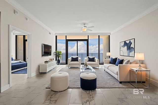 533 E Beach Blvd Unit 2403, Gulf Shores, AL 36542 - living room featuring expansive windows, a ceiling fan, marble finish flooring, and crown molding