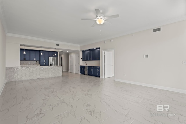 533 E Beach Blvd Unit 2403, Gulf Shores, AL 36542 - unfurnished living room with a ceiling fan, ornamental molding, and light marble finish flooring