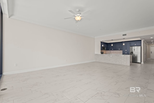 533 E Beach Blvd Unit 2403, Gulf Shores, AL 36542 - unfurnished living room with crown molding, ceiling fan, and light marble finish flooring