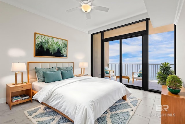 533 E Beach Blvd Unit 2403, Gulf Shores, AL 36542 - bedroom with access to outside, expansive windows, ornamental molding, light marble finish floors, and a ceiling fan