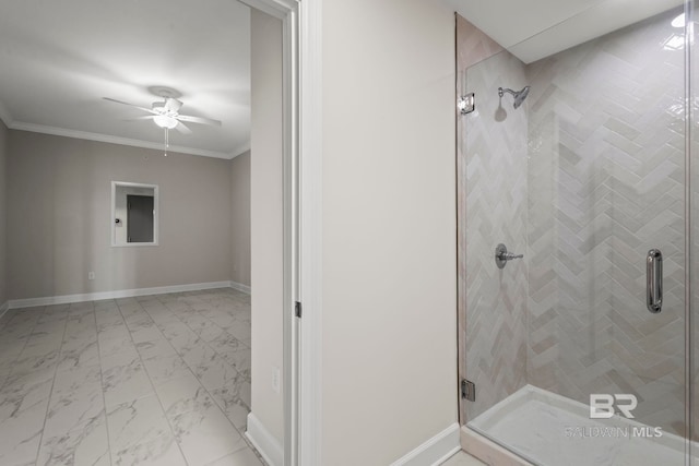 533 E Beach Blvd Unit 2403, Gulf Shores, AL 36542 - bathroom featuring ceiling fan, a shower stall, marble finish flooring, and ornamental molding