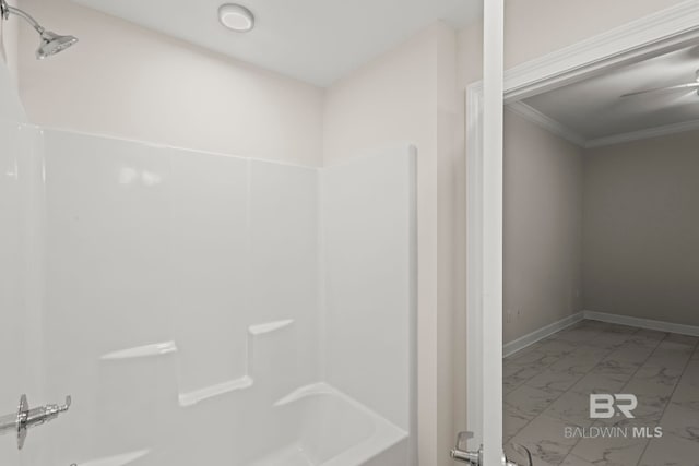 533 E Beach Blvd Unit 2403, Gulf Shores, AL 36542 - bathroom featuring marble finish flooring, bathtub / shower combination, ornamental molding, and a ceiling fan