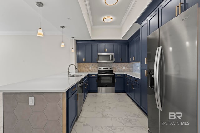 533 E Beach Blvd Unit 2403, Gulf Shores, AL 36542 - kitchen featuring appliances with stainless steel finishes, blue cabinetry, light marble finish flooring, light countertops, and crown molding