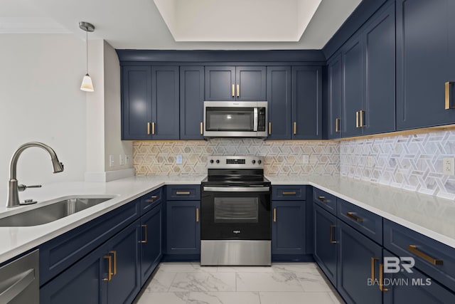 533 E Beach Blvd Unit 2403, Gulf Shores, AL 36542 - kitchen featuring appliances with stainless steel finishes, blue cabinets, light marble finish flooring, and light countertops
