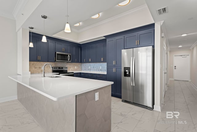 533 E Beach Blvd Unit 2403, Gulf Shores, AL 36542 - kitchen featuring stainless steel appliances, light marble finish floors, blue cabinets, ornamental molding, and a peninsula