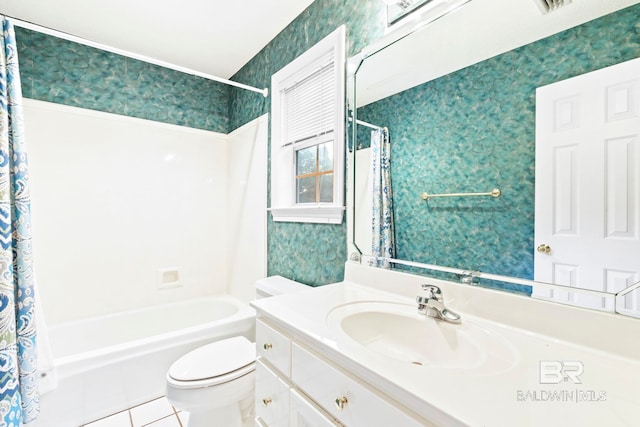 full bathroom with tile patterned flooring, vanity, shower / bath combination with curtain, and toilet