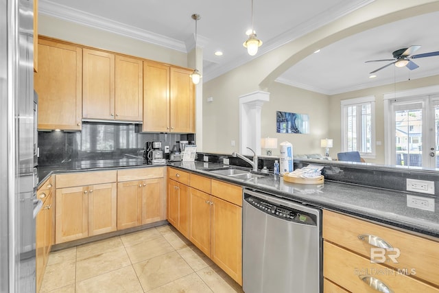 kitchen featuring a sink, ceiling fan, arched walkways, stainless steel dishwasher, and light brown cabinets