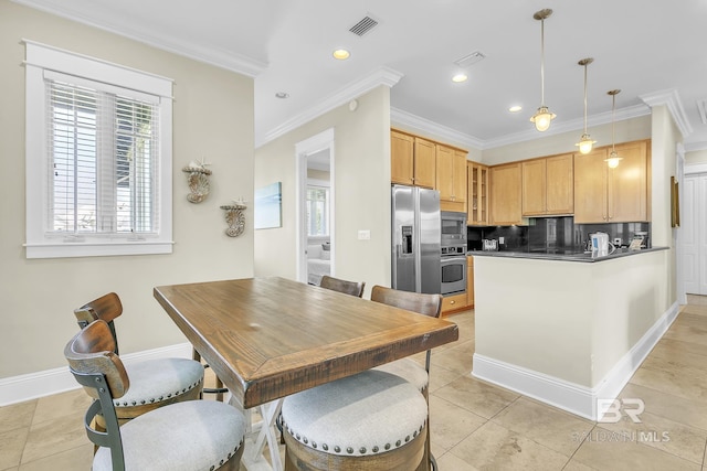 kitchen featuring glass insert cabinets, ornamental molding, decorative backsplash, dark countertops, and stainless steel appliances