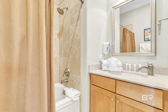 full bath featuring shower / bathtub combination with curtain and vanity