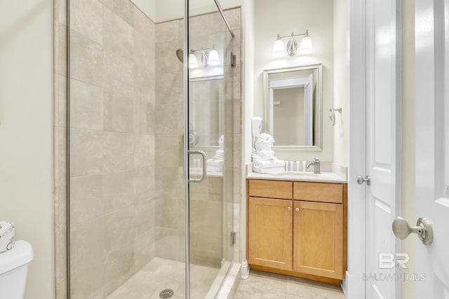 bathroom with a shower stall, tile patterned floors, vanity, and toilet