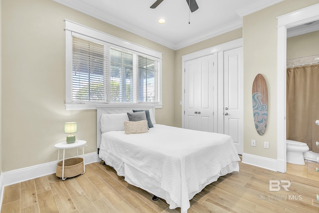 bedroom featuring ornamental molding, recessed lighting, light wood-style flooring, a ceiling fan, and baseboards