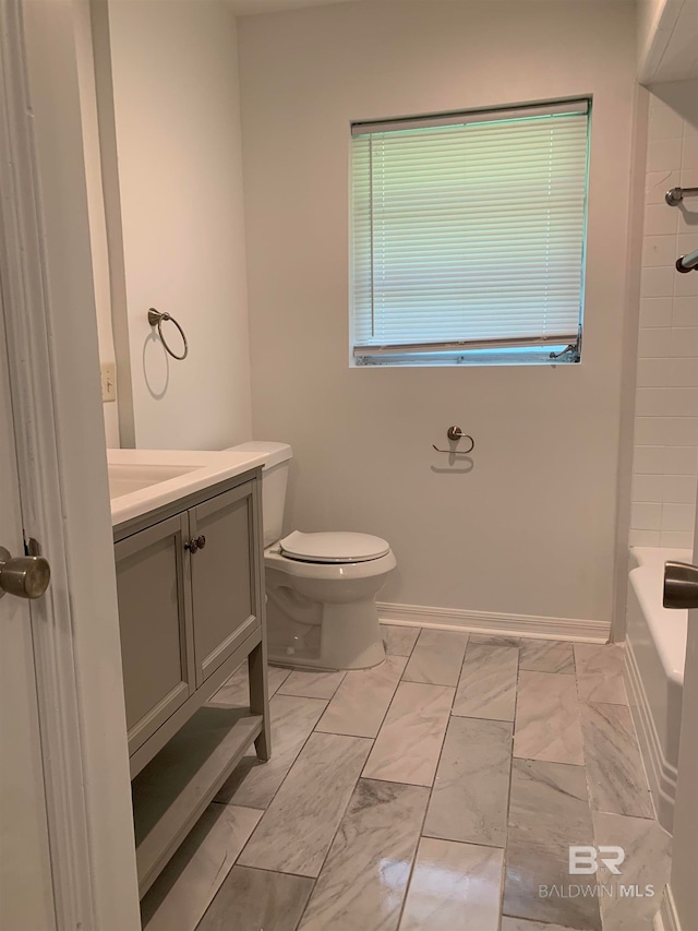 full bathroom with shower / bath combination, toilet, and vanity