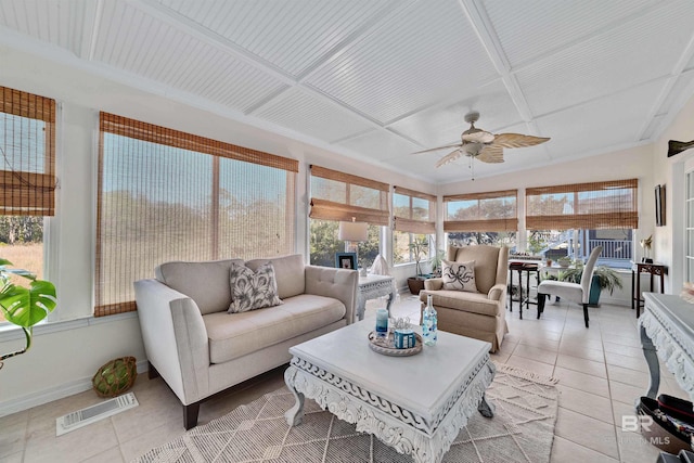 sunroom / solarium featuring coffered ceiling, visible vents, and a ceiling fan