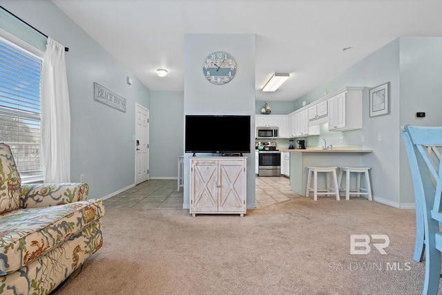 tiled living room with sink