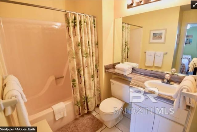 full bathroom with tile patterned flooring, vanity, toilet, and shower / bathtub combination with curtain