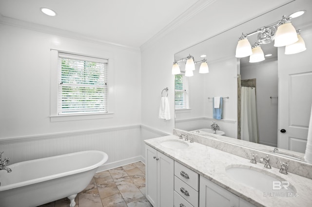 bathroom with a sink, ornamental molding, a wainscoted wall, and a wealth of natural light