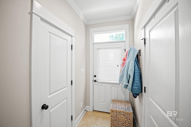 mudroom with ornamental molding, baseboards, and light tile patterned flooring