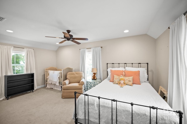 bedroom featuring light carpet, a ceiling fan, lofted ceiling, and recessed lighting