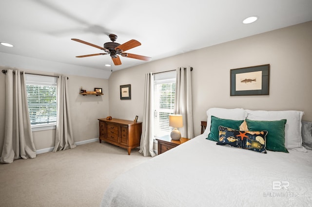bedroom with ceiling fan, light colored carpet, baseboards, and recessed lighting