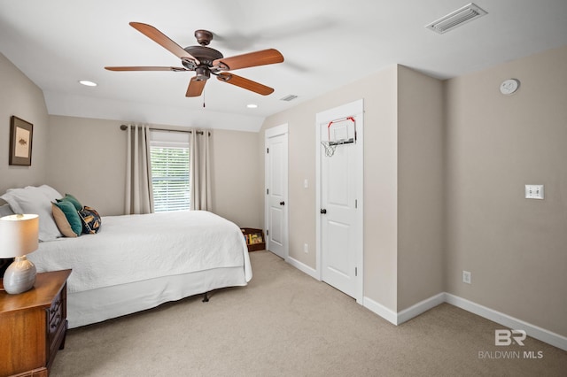 carpeted bedroom with visible vents, baseboards, a ceiling fan, and recessed lighting