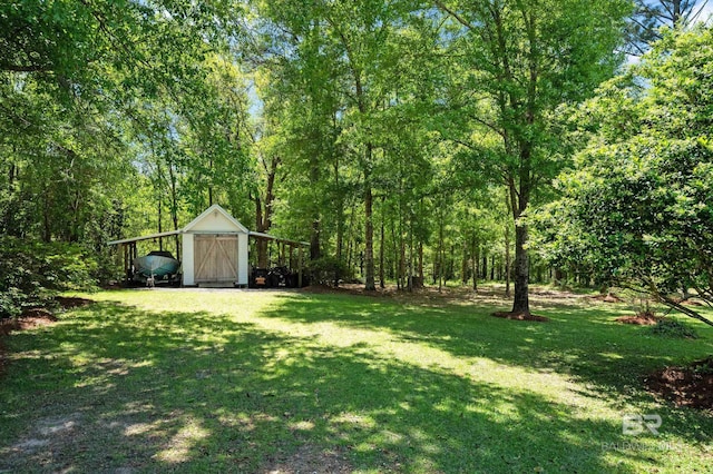 view of yard with an outdoor structure and a shed