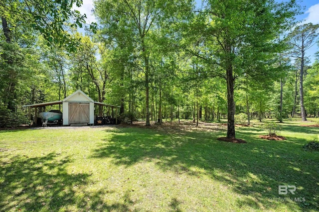 view of yard featuring an outbuilding and a storage shed