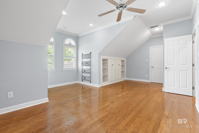 bonus room with light wood-style floors, baseboards, ceiling fan, and visible vents