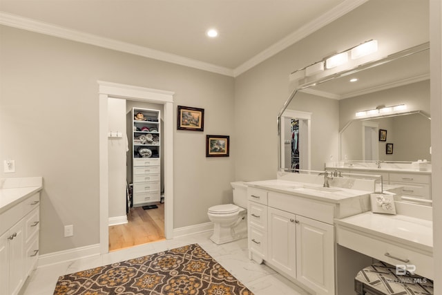 2282 W W Beach Blvd, Gulf Shores, AL 36542 - full bathroom with vanity, ornamental molding, marble look tiles, recessed lighting, and a spacious closet