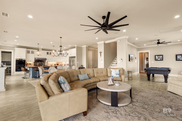 2282 W W Beach Blvd, Gulf Shores, AL 36542 - living room featuring recessed lighting, crown molding, light wood-style flooring, ceiling fan, and pool table