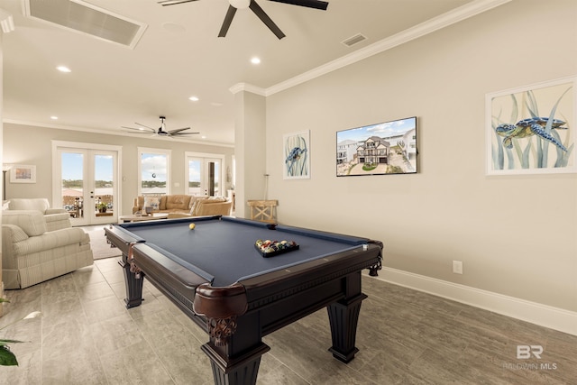 2282 W W Beach Blvd, Gulf Shores, AL 36542 - rec room featuring a ceiling fan, ornamental molding, recessed lighting, billiards, and french doors