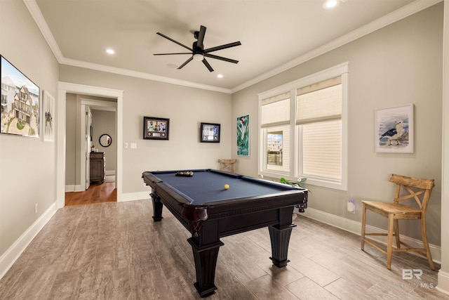 2282 W W Beach Blvd, Gulf Shores, AL 36542 - rec room featuring ceiling fan, wood finished floors, recessed lighting, billiards, and ornamental molding