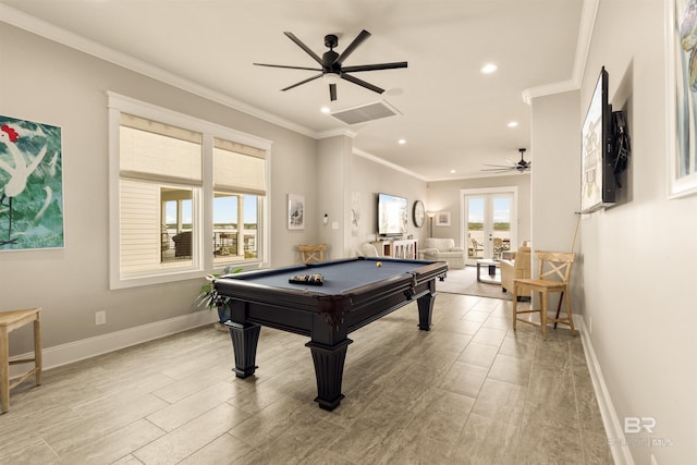 2282 W W Beach Blvd, Gulf Shores, AL 36542 - rec room featuring ceiling fan, crown molding, recessed lighting, billiards, and light wood-style floors