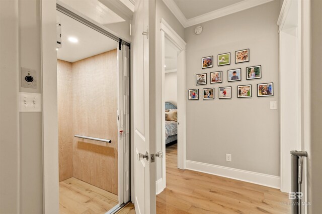 2282 W W Beach Blvd, Gulf Shores, AL 36542 - corridor with light wood-style floors, elevator, and crown molding