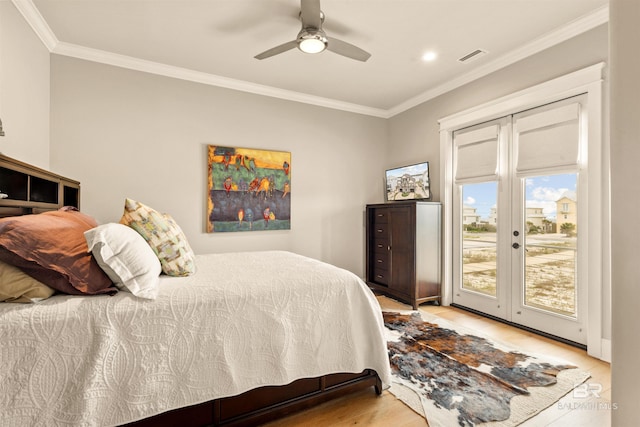 2282 W W Beach Blvd, Gulf Shores, AL 36542 - bedroom featuring crown molding, access to exterior, a ceiling fan, recessed lighting, and french doors