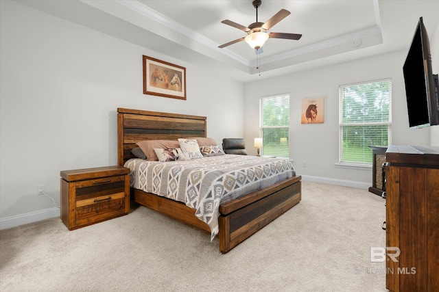 14437 Chenin Blanc Dr, Silverhill, AL 36576 - bedroom with a tray ceiling, crown molding, light colored carpet, baseboards, and ceiling fan