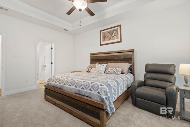 14437 Chenin Blanc Dr, Silverhill, AL 36576 - bedroom featuring carpet floors, ornamental molding, baseboards, a tray ceiling, and a ceiling fan