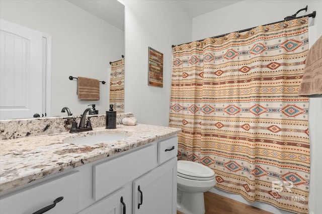 14437 Chenin Blanc Dr, Silverhill, AL 36576 - full bathroom featuring vanity, toilet, wood finished floors, and a shower with shower curtain