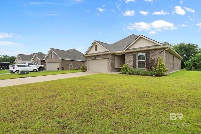 14437 Chenin Blanc Dr, Silverhill, AL 36576 - view of front of house with driveway, brick siding, a front yard, an attached garage, and board and batten siding